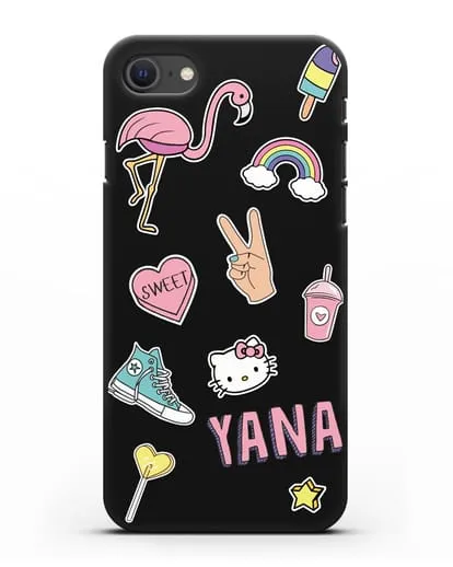 Именной чехол со стикерами Розовый фламинго, радуга, смузи силиконовый для iPhone SE 2020