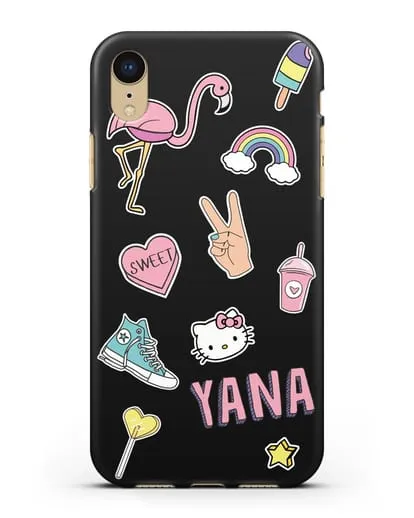 Именной чехол со стикерами Розовый фламинго, радуга, смузи силиконовый для iPhone XR