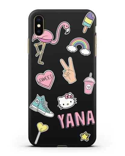 Именной чехол со стикерами Розовый фламинго, радуга, смузи силиконовый для iPhone XS Max