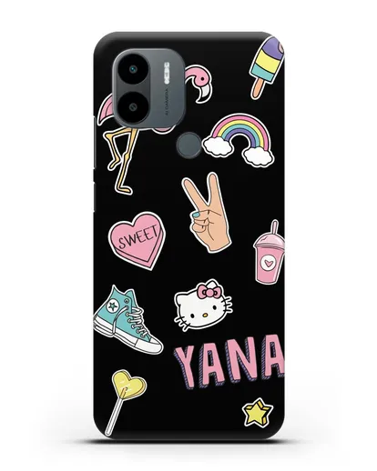 Именной чехол со стикерами Розовый фламинго, радуга, смузи силиконовый для Xiaomi Poco C51