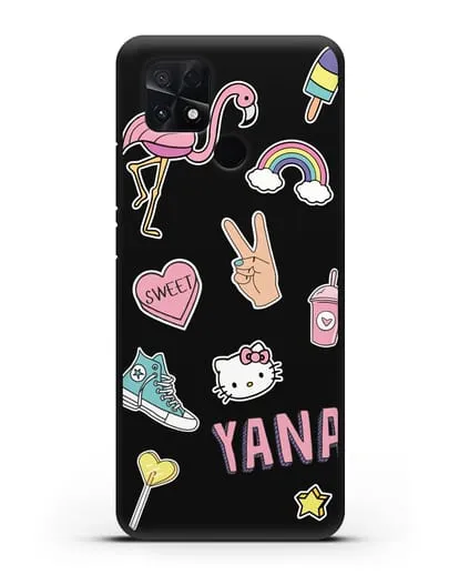 Именной чехол со стикерами Розовый фламинго, радуга, смузи силиконовый для Xiaomi Poco C40