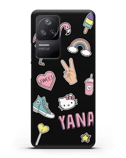 Именной чехол со стикерами Розовый фламинго, радуга, смузи силиконовый для Xiaomi Poco F4