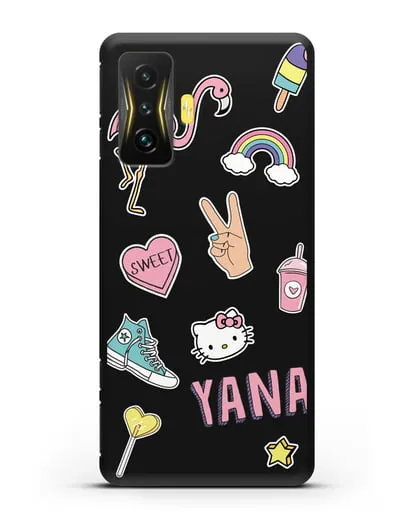 Именной чехол со стикерами Розовый фламинго, радуга, смузи силиконовый для Xiaomi Poco F4 GT