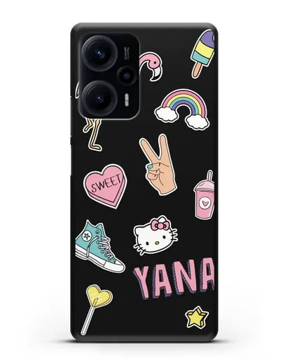 Именной чехол со стикерами Розовый фламинго, радуга, смузи силиконовый для Xiaomi Poco F5