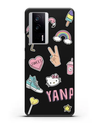 Именной чехол со стикерами Розовый фламинго, радуга, смузи силиконовый для Xiaomi Poco F5 Pro