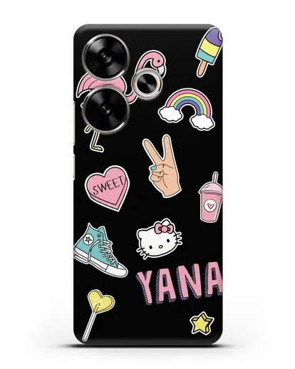 Именной чехол со стикерами Розовый фламинго, радуга, смузи силиконовый для Xiaomi Poco F6