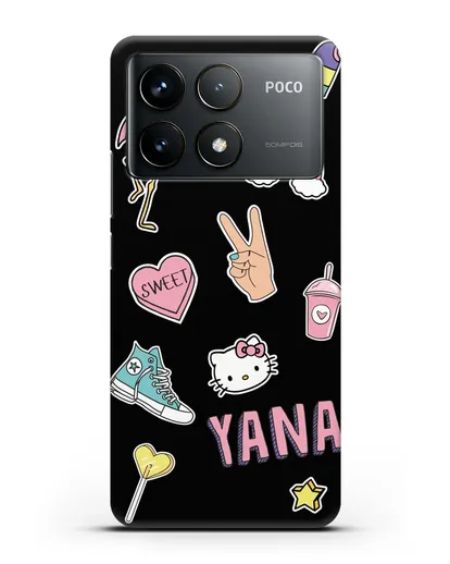 Именной чехол со стикерами Розовый фламинго, радуга, смузи силиконовый для Xiaomi Poco F6 Pro