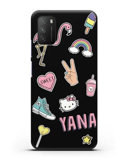 Именной чехол со стикерами Розовый фламинго, радуга, смузи силиконовый для Xiaomi Poco M3