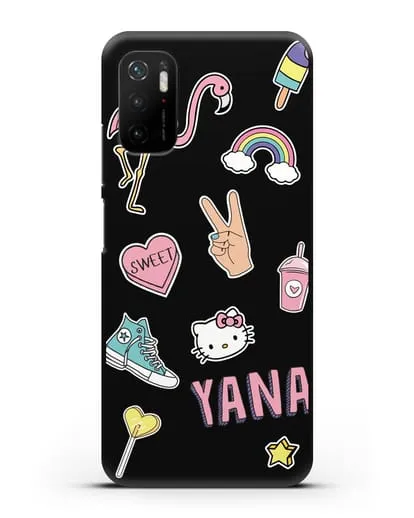 Именной чехол со стикерами Розовый фламинго, радуга, смузи силиконовый для Xiaomi Poco M3 Pro