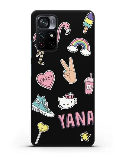 Именной чехол со стикерами Розовый фламинго, радуга, смузи силиконовый для Xiaomi Poco M4 Pro 5G