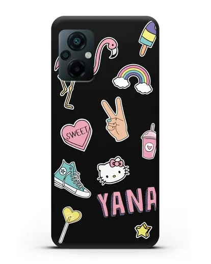 Именной чехол со стикерами Розовый фламинго, радуга, смузи силиконовый для Xiaomi Poco M5