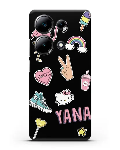 Именной чехол со стикерами Розовый фламинго, радуга, смузи силиконовый для Xiaomi Poco M6 Pro