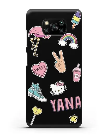 Именной чехол со стикерами Розовый фламинго, радуга, смузи силиконовый для Xiaomi Poco X3