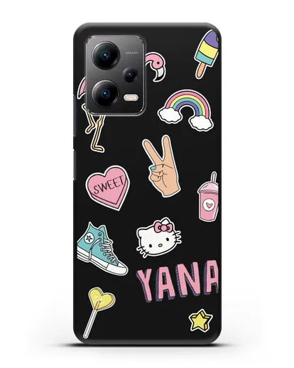 Именной чехол со стикерами Розовый фламинго, радуга, смузи силиконовый для Xiaomi Poco X5