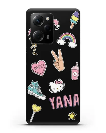 Именной чехол со стикерами Розовый фламинго, радуга, смузи силиконовый для Xiaomi Poco X5 Pro