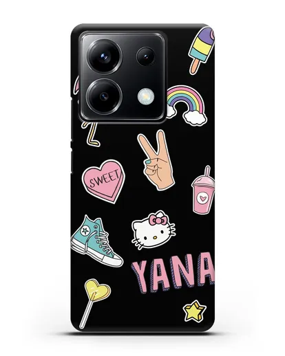 Именной чехол со стикерами Розовый фламинго, радуга, смузи силиконовый для Xiaomi Poco X6