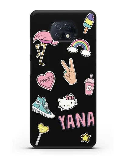 Именной чехол со стикерами Розовый фламинго, радуга, смузи силиконовый для Xiaomi Redmi Note 9T