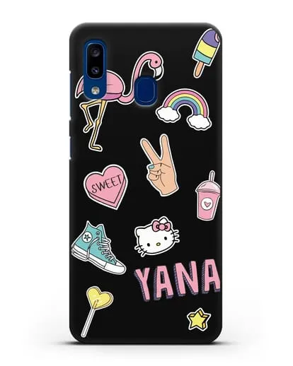 Именной чехол со стикерами Розовый фламинго, радуга, смузи силиконовый для Samsung Galaxy A20 [SM-A205FN]