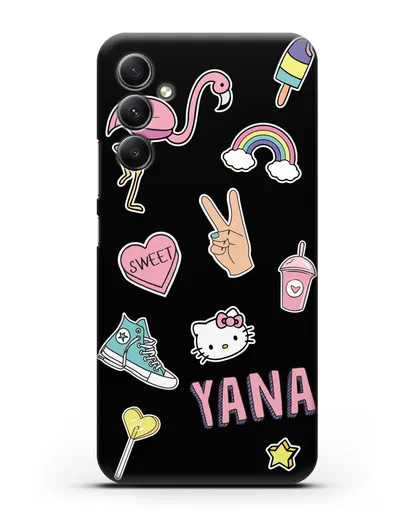 Именной чехол со стикерами Розовый фламинго, радуга, смузи силиконовый для Samsung Galaxy A34 [SM-A346]