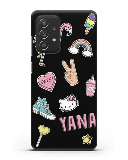 Именной чехол со стикерами Розовый фламинго, радуга, смузи силиконовый для Samsung Galaxy A53