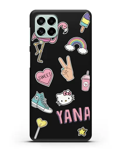 Именной чехол со стикерами Розовый фламинго, радуга, смузи силиконовый для Samsung Galaxy M53 [SM-M536]