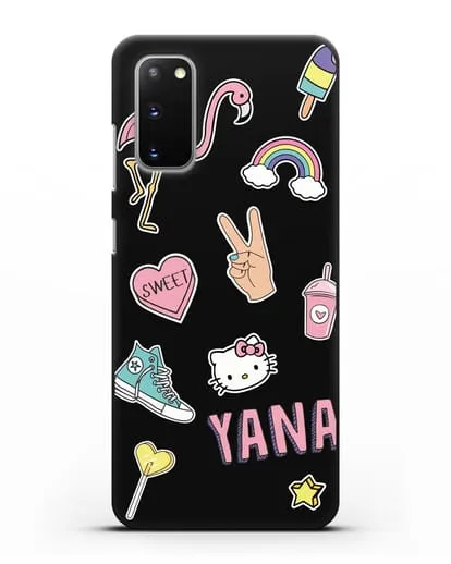 Именной чехол со стикерами Розовый фламинго, радуга, смузи силиконовый для Samsung Galaxy S20 [SM-G980F]