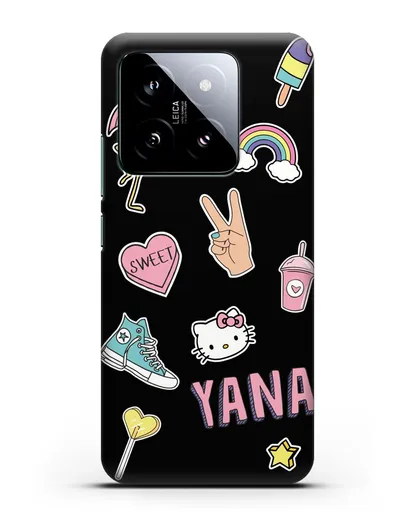 Именной чехол со стикерами Розовый фламинго, радуга, смузи силиконовый для Xiaomi 14