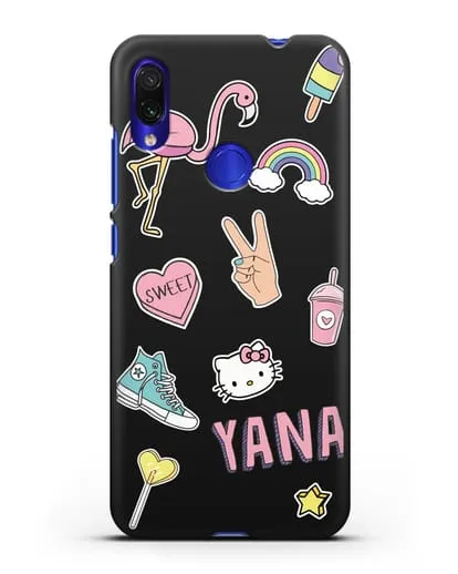 Именной чехол со стикерами Розовый фламинго, радуга, смузи силиконовый для Xiaomi Redmi Note 7