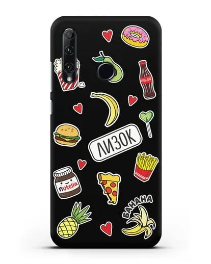 Именной чехол со стикерами Еда, фрукты и напитки силиконовый для Honor 20e