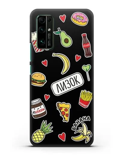 Именной чехол со стикерами Еда, фрукты и напитки силиконовый для Honor 30