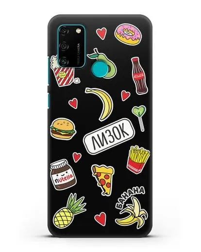 Именной чехол со стикерами Еда, фрукты и напитки силиконовый для Honor 9A