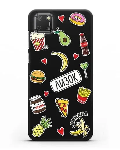 Именной чехол со стикерами Еда, фрукты и напитки силиконовый для Honor 9S