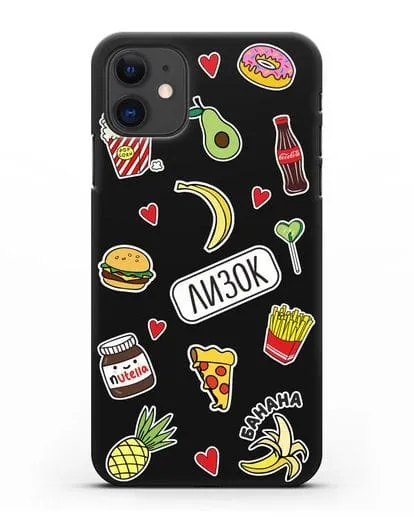 Именной чехол со стикерами Еда, фрукты и напитки силиконовый для iPhone 11