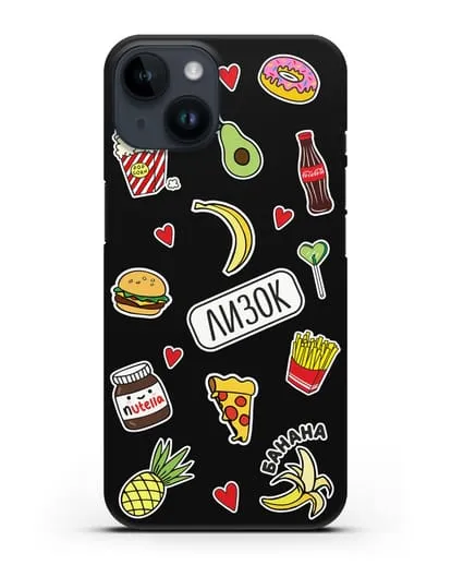 Именной чехол со стикерами Еда, фрукты и напитки силиконовый для iPhone 14