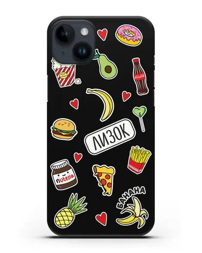 Именной чехол со стикерами Еда, фрукты и напитки силиконовый для iPhone 14 Plus