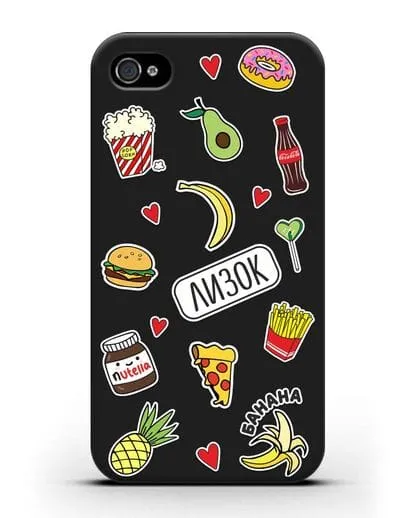 Именной чехол со стикерами Еда, фрукты и напитки силиконовый для iPhone 4/4s