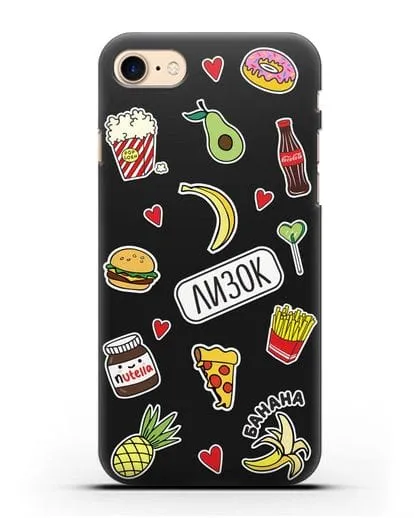 Именной чехол со стикерами Еда, фрукты и напитки силиконовый для iPhone 8