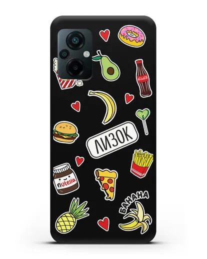 Именной чехол со стикерами Еда, фрукты и напитки силиконовый для Xiaomi Poco M5