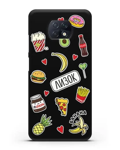 Именной чехол со стикерами Еда, фрукты и напитки силиконовый для Xiaomi Redmi Note 9T