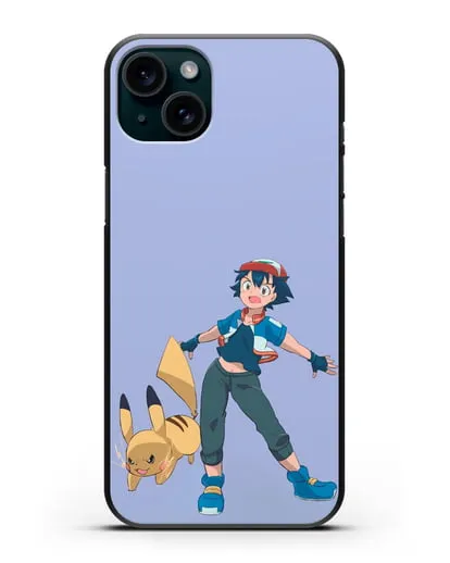 Чехол аниме Покемон - Эш и Пикачу силиконовый для iPhone 15 Plus