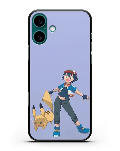 Чехол аниме Покемон - Эш и Пикачу силиконовый для iPhone 16 Plus