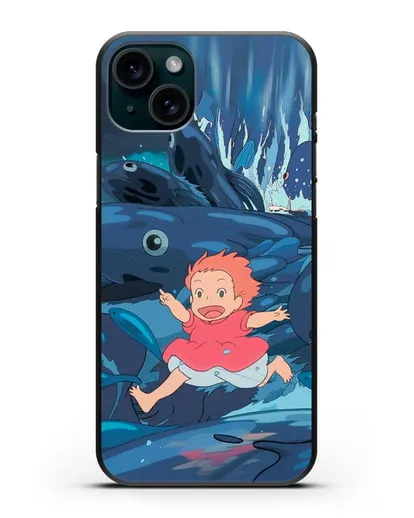 Чехол аниме Рыбка Поньо на утёсе - Поньо бегущая по морю силиконовый для iPhone 15 Plus
