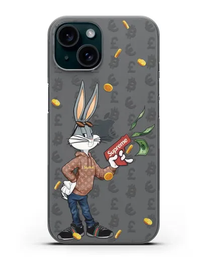 Чехол Багз Банни (Bugs Bunny) с деньгометом Supreme силиконовый для iPhone 15