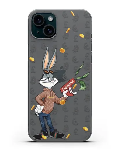 Чехол Багз Банни (Bugs Bunny) с деньгометом Supreme силиконовый для iPhone 15 Plus