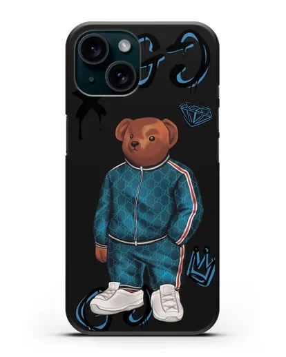 Чехол Медведь Тедди в спортивном костюме Гуччи (Gucci) силиконовый для iPhone 15