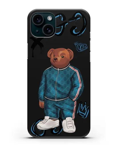 Чехол Медведь Тедди в спортивном костюме Гуччи (Gucci) силиконовый для iPhone 15 Plus