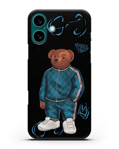 Чехол Медведь Тедди в спортивном костюме Гуччи (Gucci) силиконовый для iPhone 16 Plus