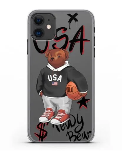 Чехол Медведь Тедди с баскетбольным мячом силиконовый для iPhone 11