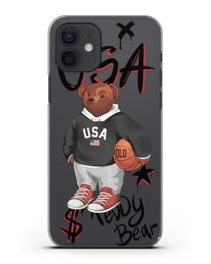 Чехол Медведь Тедди с баскетбольным мячом силиконовый для iPhone 12