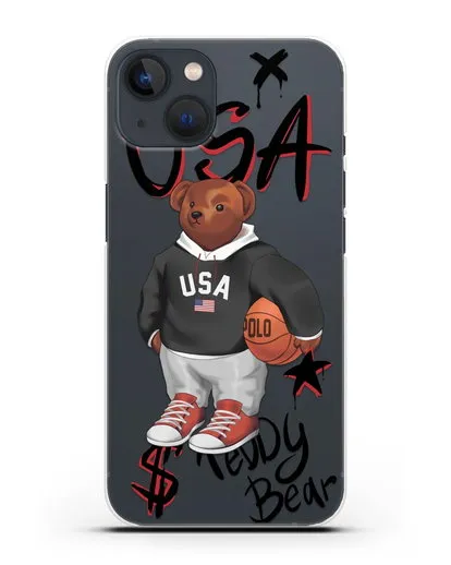 Чехол Медведь Тедди с баскетбольным мячом силиконовый для iPhone 13